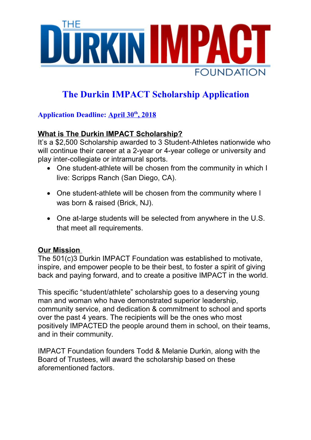 Durkin IMPACT Foundation Application