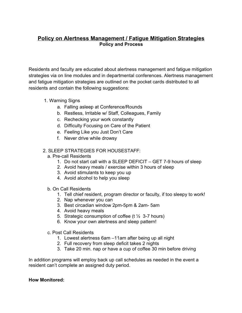 Policy on Alertness Management / Fatigue Mitigation Strategies