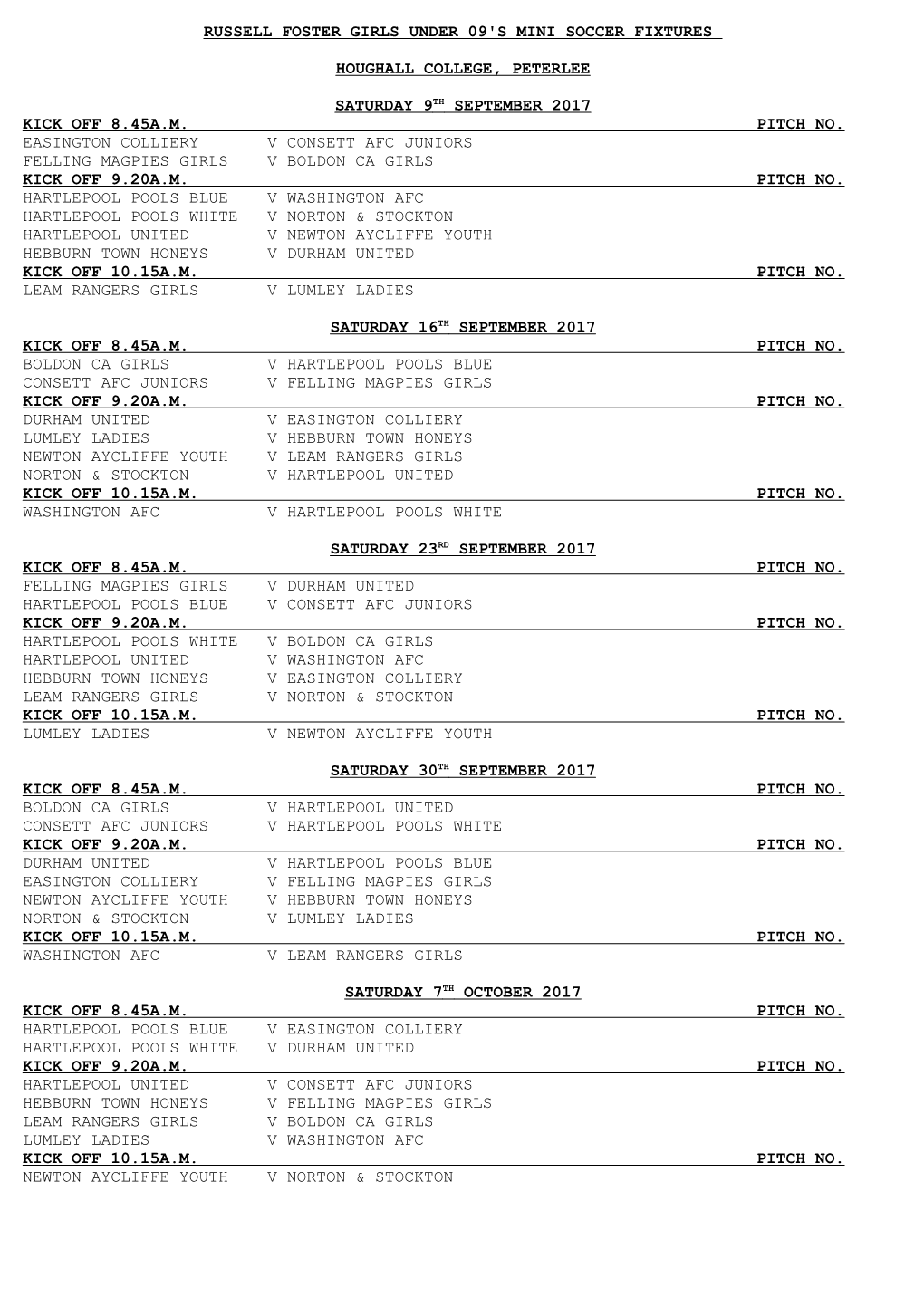 Russell Foster Girls Under 09'S Mini Soccer Fixtures