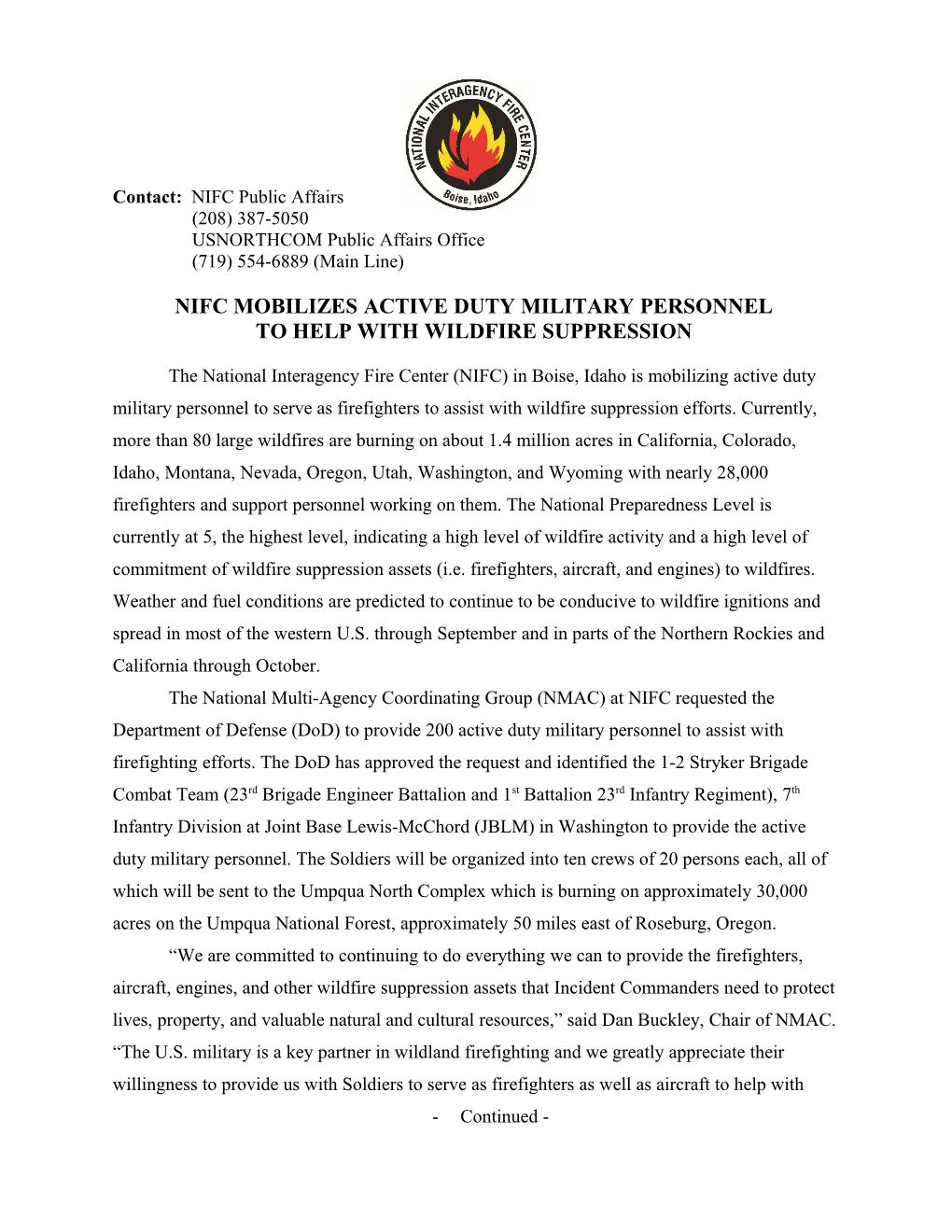 Nifc Mobilizes Active Duty Military Personnel