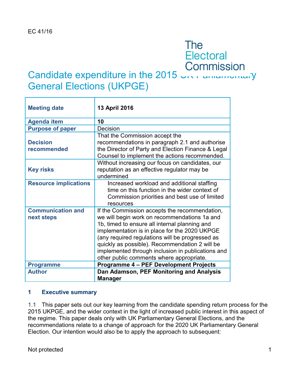 2016-04-13 EC 41 16 - Candidate Expenditure in the 2015 UKPGE