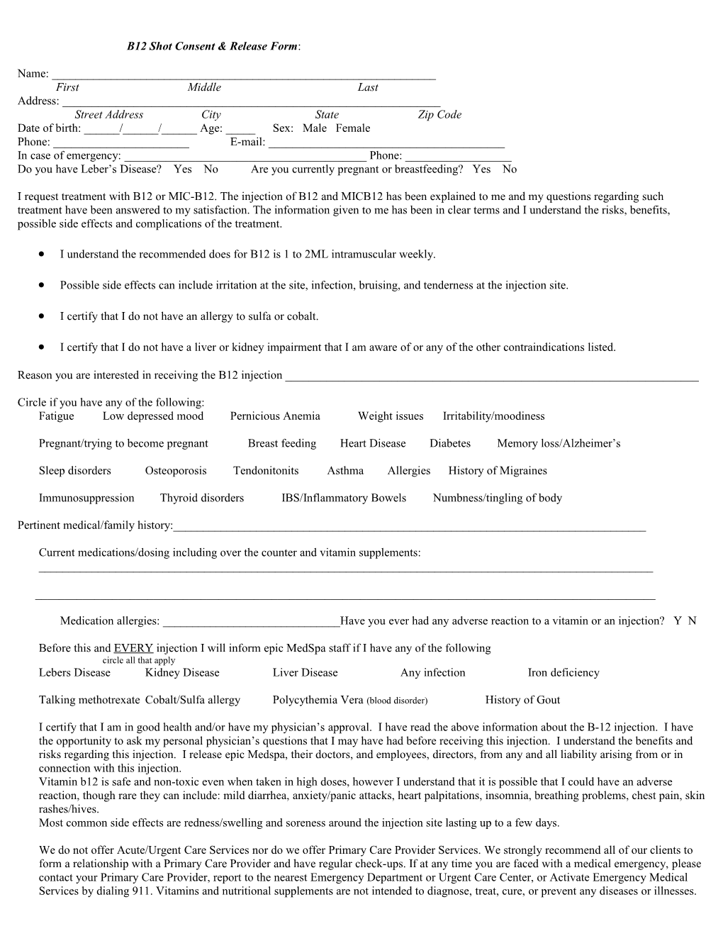 B12 Shot Consent & Release Form