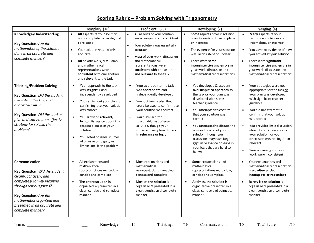 Scoring Rubric Problem Solving with Trigonometry