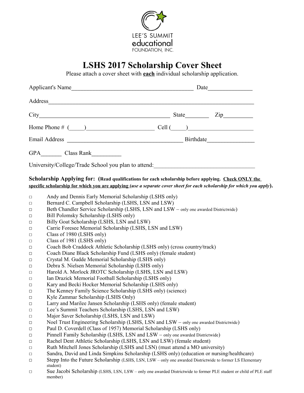 LSHS 2017 Scholarship Cover Sheet