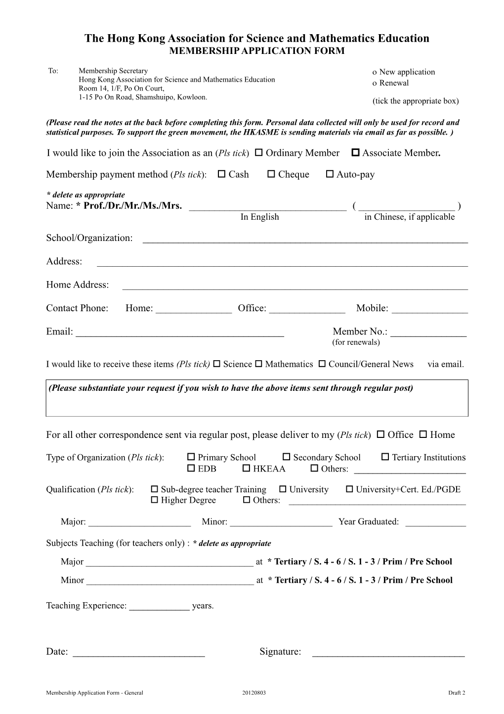 MEMBERSHIP APPLICATION FORM (General) 2012