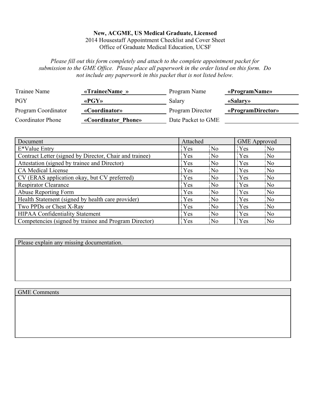 2007 UCSF Housestaff Appointment Checklist and Cover Sheet