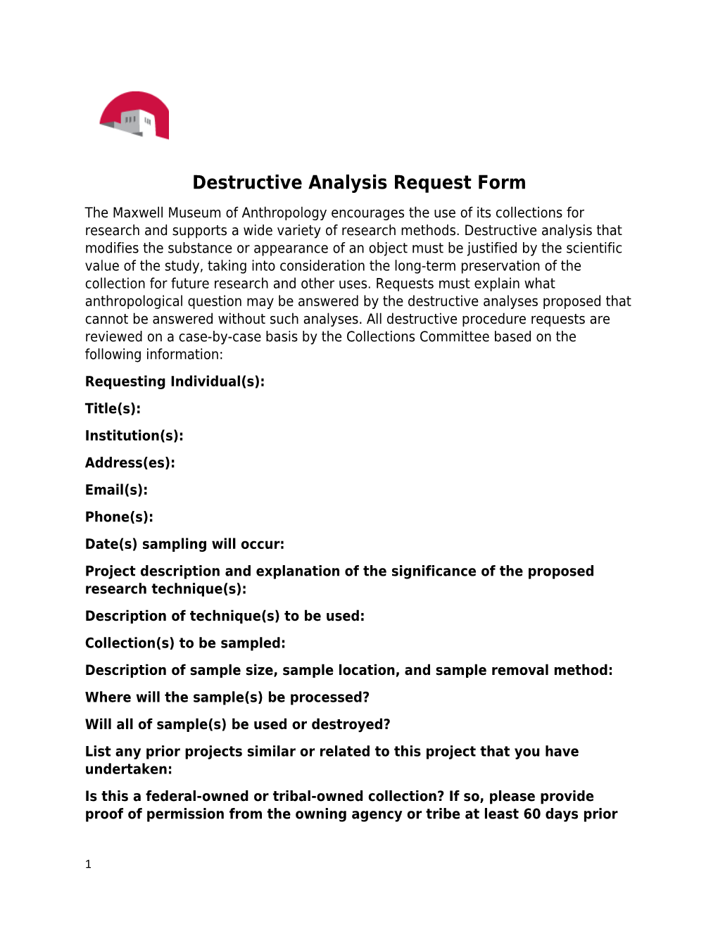 Destructive Analysis Request Form