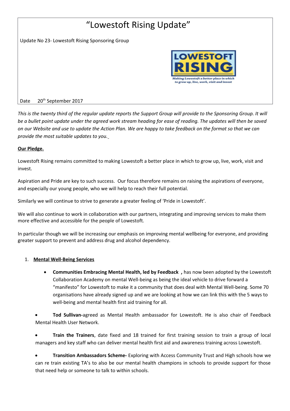 Update No 23- Lowestoft Rising Sponsoring Group