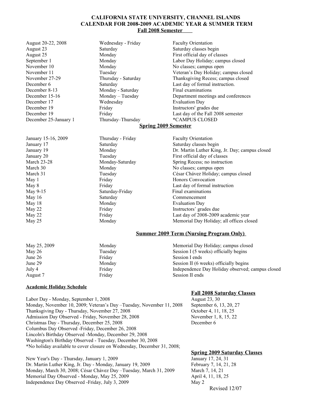 Calendar for 2008-2009 Academic Year & Summer Term