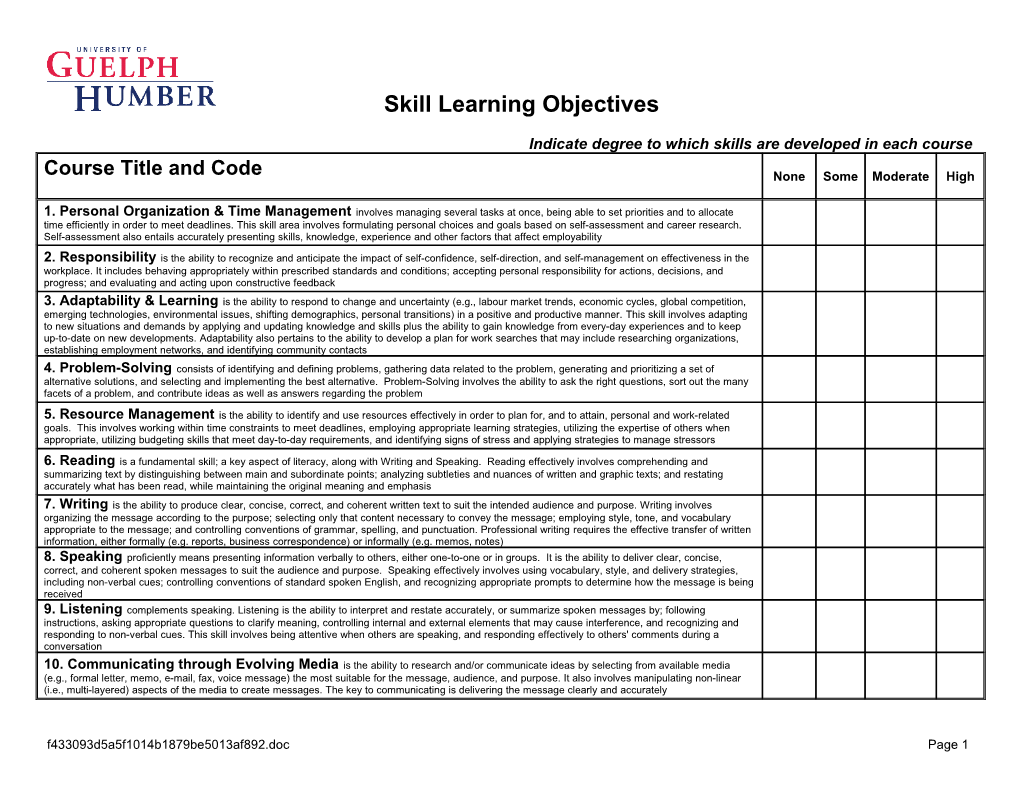 Degree to Which Skills Are Developed in Each Course