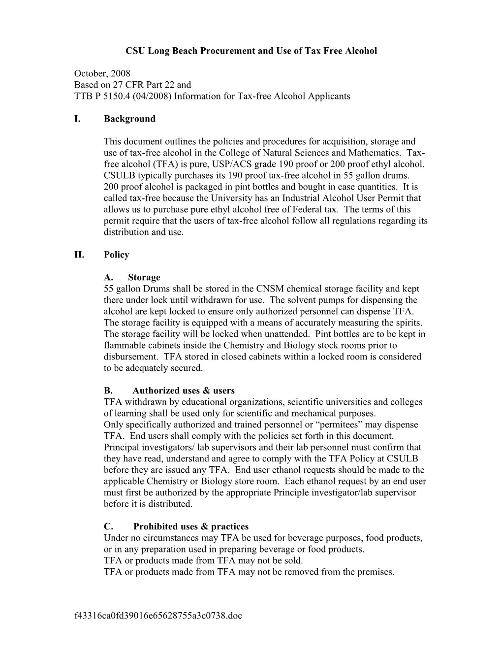 CSU Long Beach Procurement and Use of Tax Free Ethanol