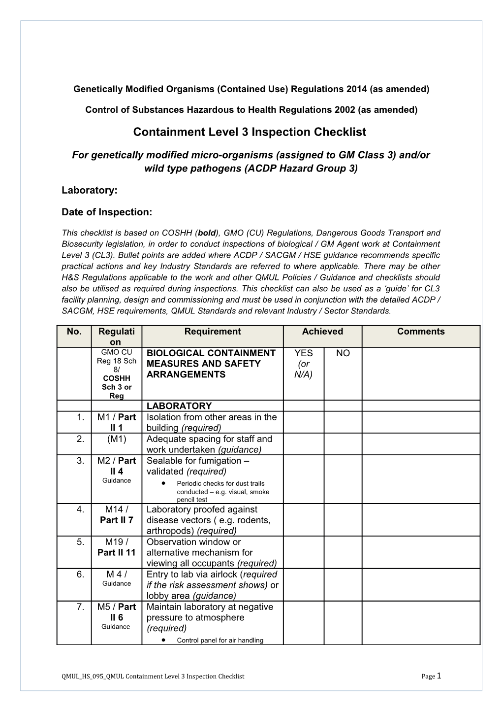 QMUL HS 095 April 2016 Containment Level 3 Inspection Checklist