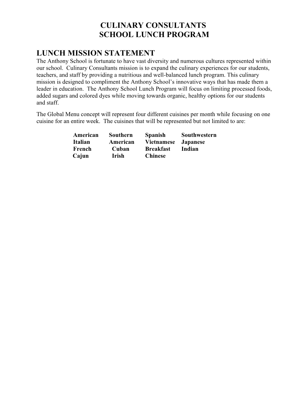 Anthony School Lunch Program