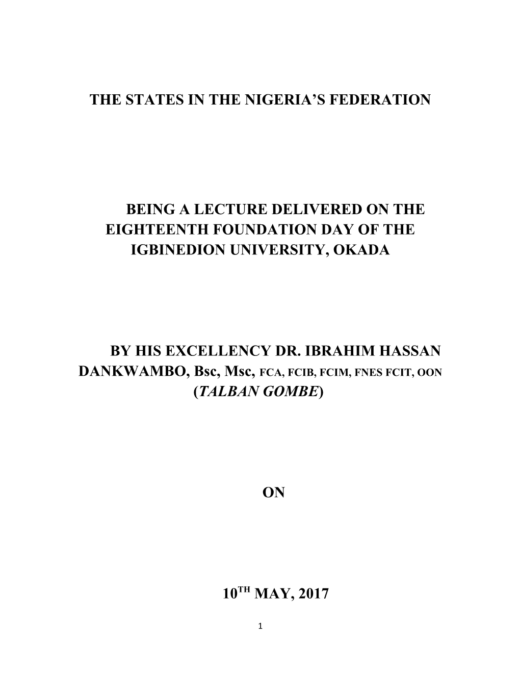 The States in the Nigeria S Federation