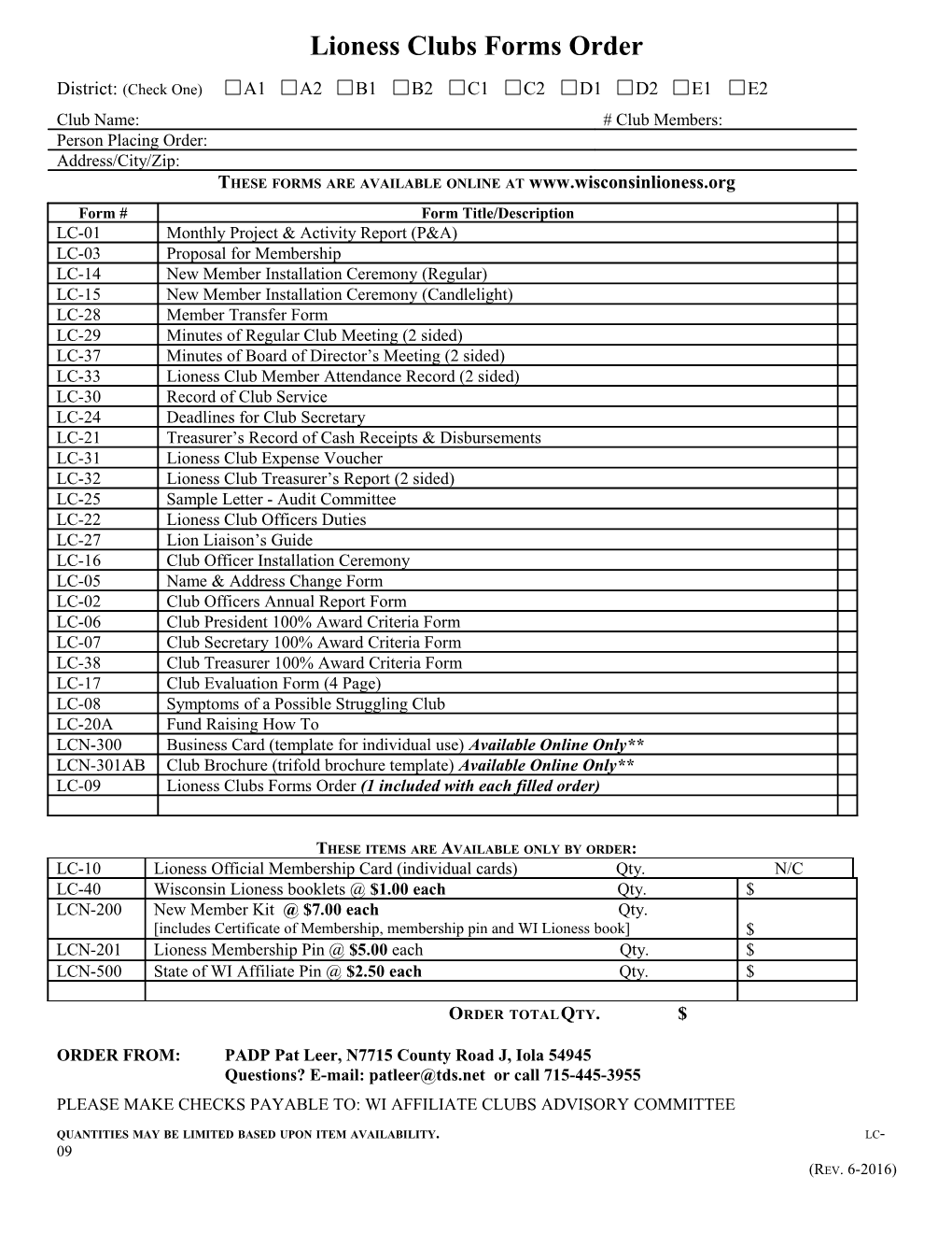 Lioness Clubs Order Form