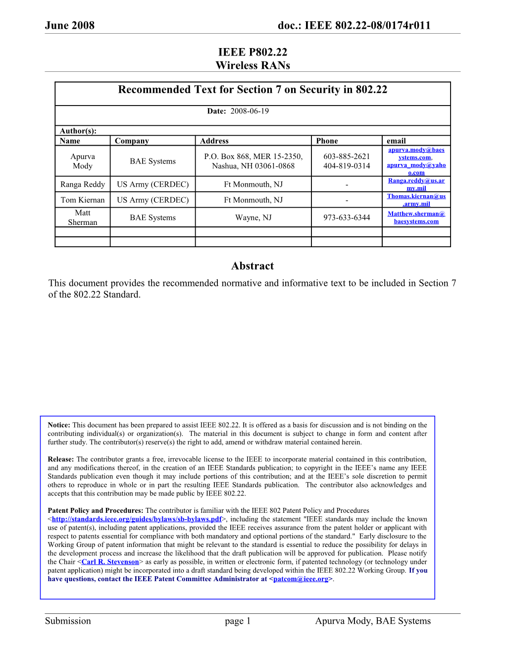 Recommended Text for Section 7 on Security in 802.22