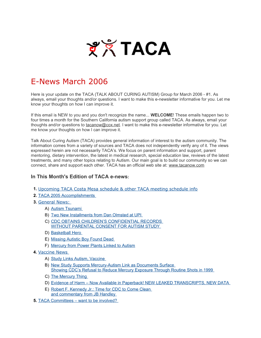 In This Month's Edition of TACA E-News s2