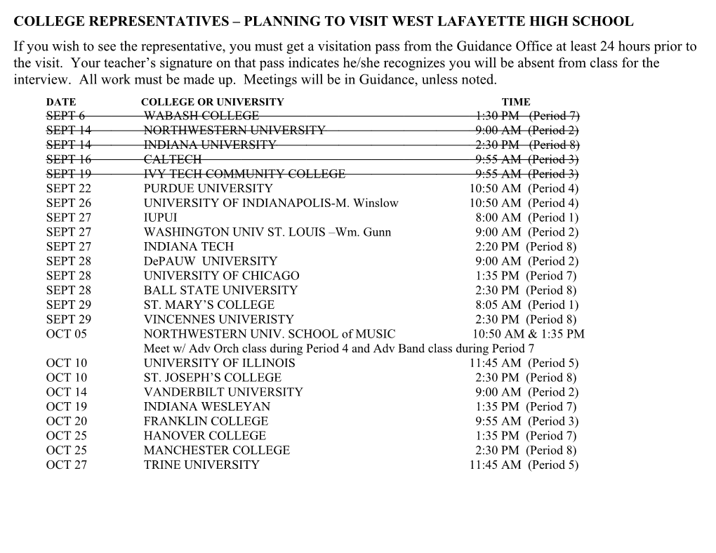 College Representatives Planning to Visit West Lafayette High School