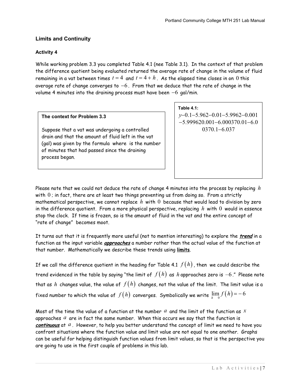 MTH 251 Lab Manual Limits and Continuity