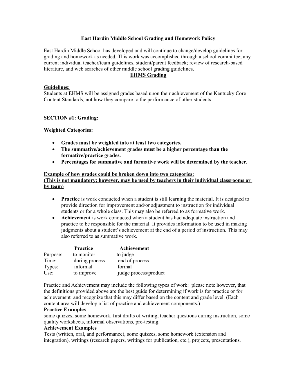 East Hardin Middle School Grading and Homework Guidelines