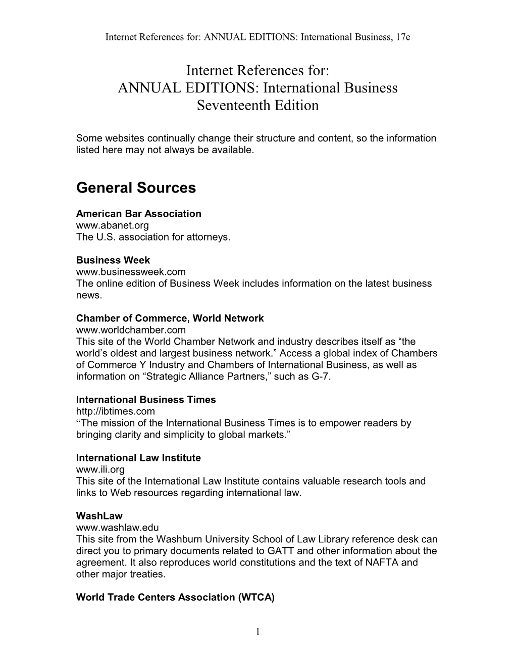 Internet References For: ANNUAL EDITIONS: International Business, 17E