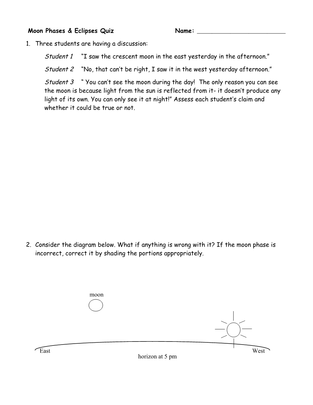 Moon Phases & Eclipses Quiz Name