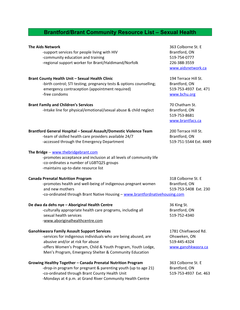 Brantford/Brant Community Resource List Sexual Health