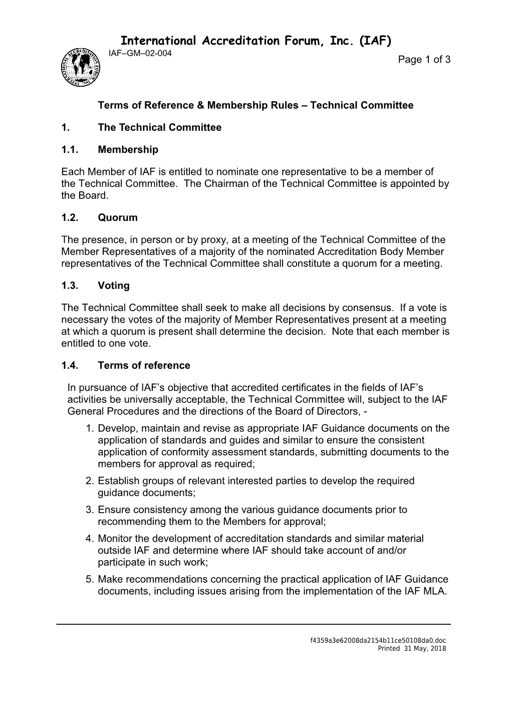 Terms of Reference & Membership Rules Technical Committee