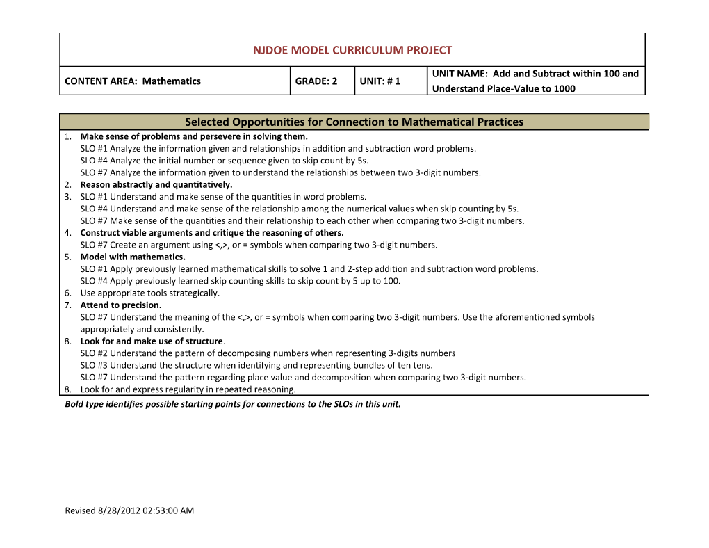 Bold Type Indicates Grade Level Fluency Requirements. (Identified by PARCC Model Content