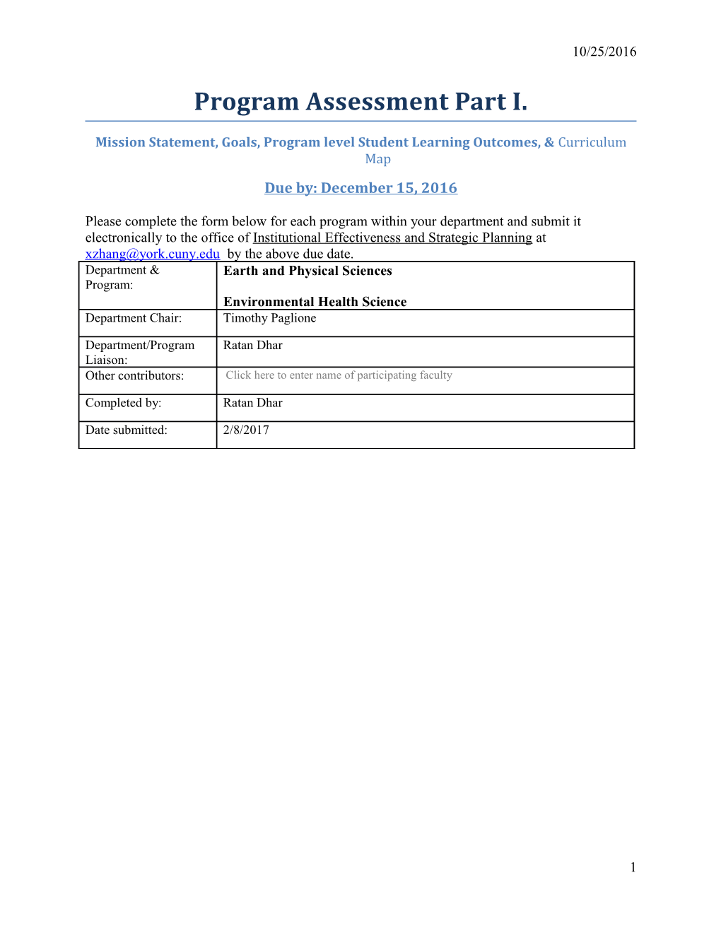 Mission Statement, Goals, Program Level Student Learning Outcomes, & Curriculum Map