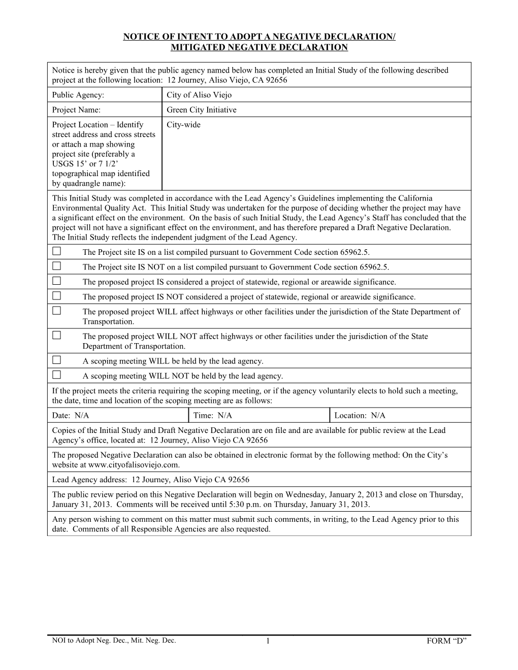 A1 Notice of Intent to Adopt a Negative Declaration/ Mitigated Negative Declaration