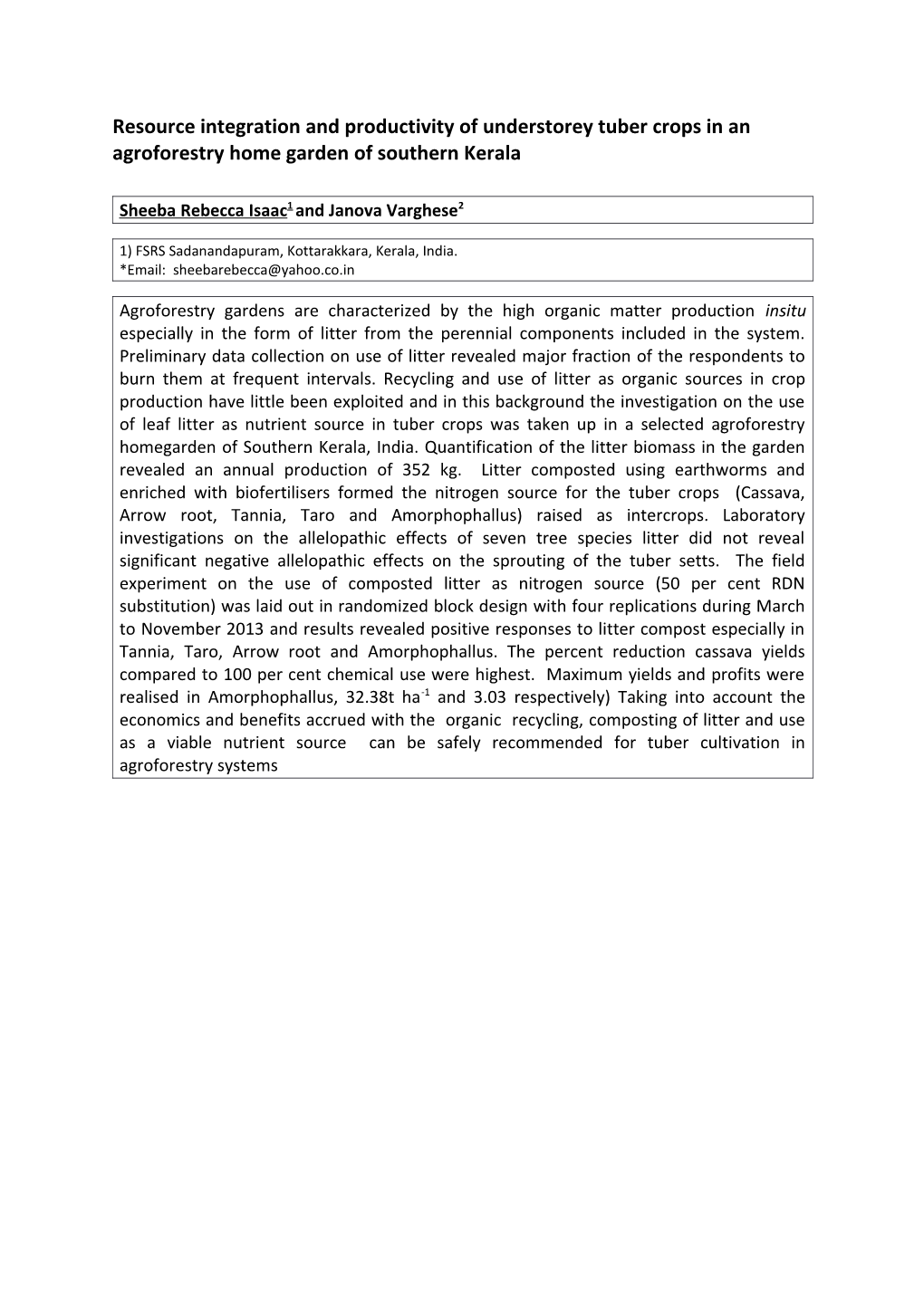 Resource Integration and Productivity of Understorey Tuber Crops in an Agroforestry Home