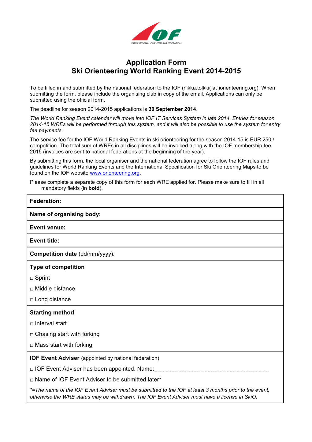 Application Form Ski Orienteering World Ranking Event 2014-2015