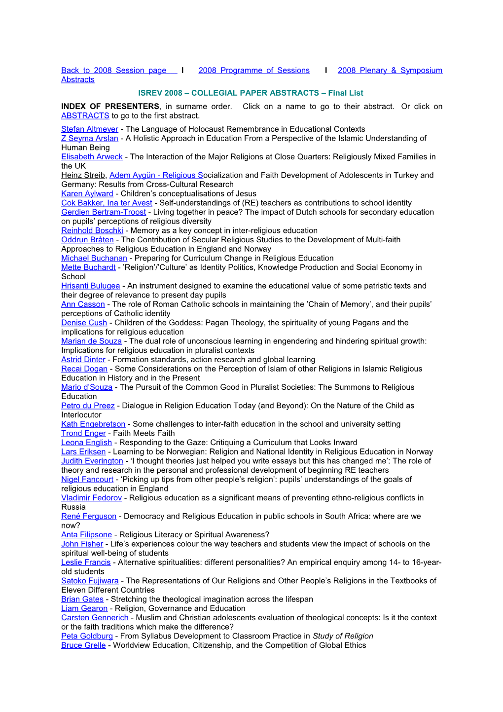 ISREV 2008 COLLEGIAL PAPER ABSTRACTS Final List
