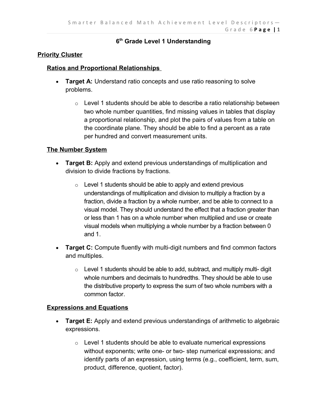 Smarter Balanced Math Achievement Level Descriptors Grade 6Page 1