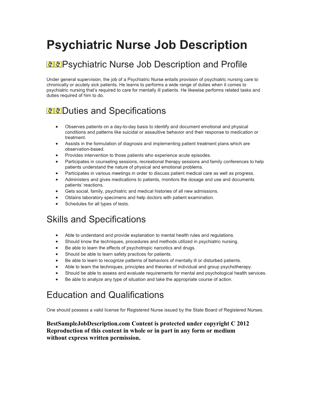 Psychiatric Nurse Job Description