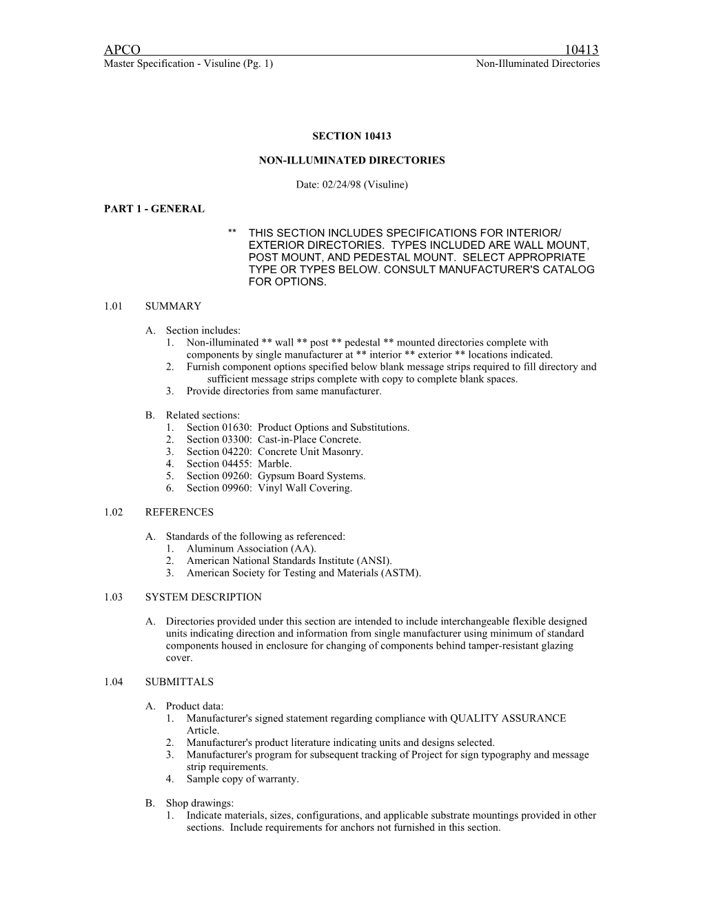 Master Specification - Visuline (Pg. 7) Non-Illuminated Directories