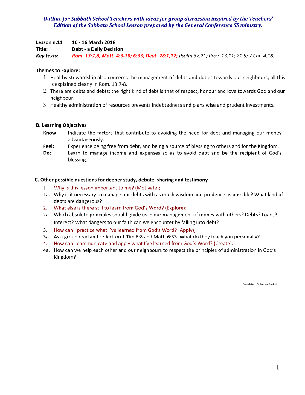 Outline for Sabbath School Teacherswith Ideas for Group Discussion Inspired by the Teachers