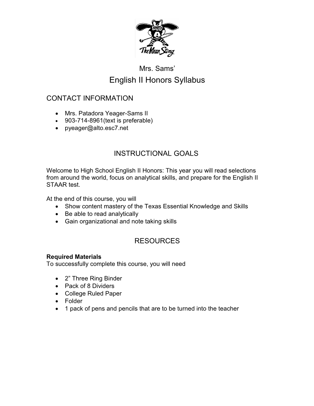 English II Honors Syllabus