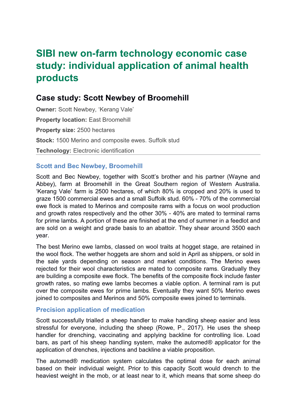 SIBI New On-Farm Technology Economic Case Study: Individual Application of Animal Health