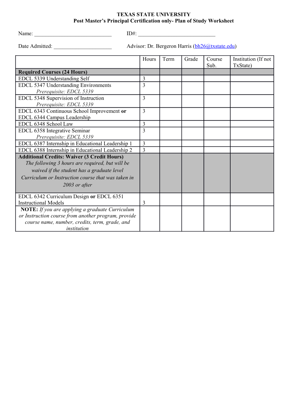 Post Master S Principal Certification Only- Plan of Study Worksheet