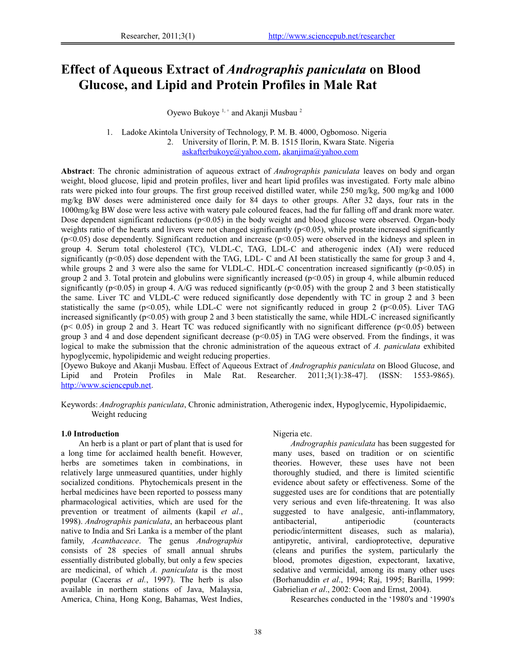 Glucose, and Lipid and Protein Profiles in Male Rat