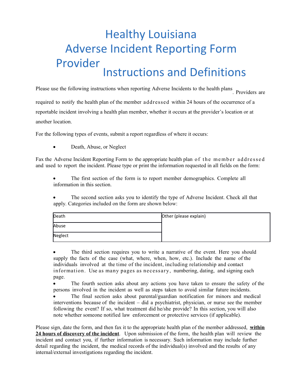 326 Healthy Louisiana Adverse Incident Reporting Form Provider Instructions and Definitions