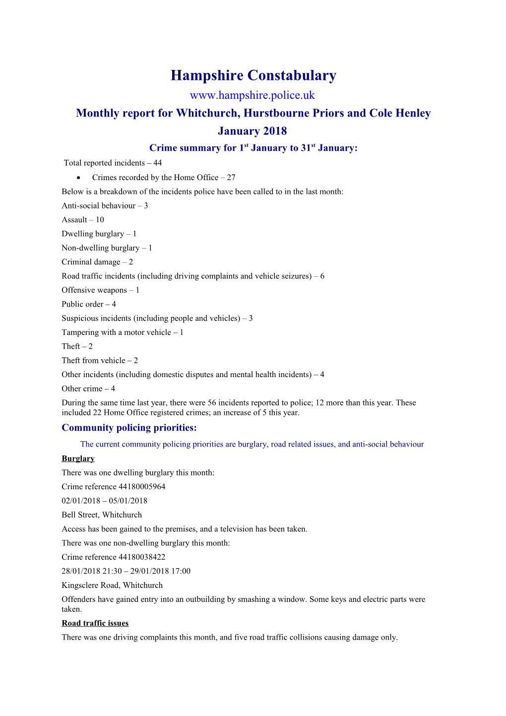 Monthly Report for Whitchurch, Hurstbourne Priors and Cole Henley