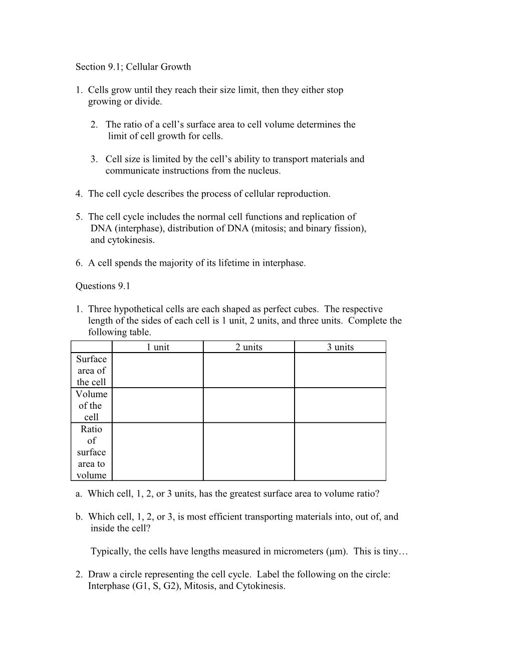 Section 9.1; Cellular Growth