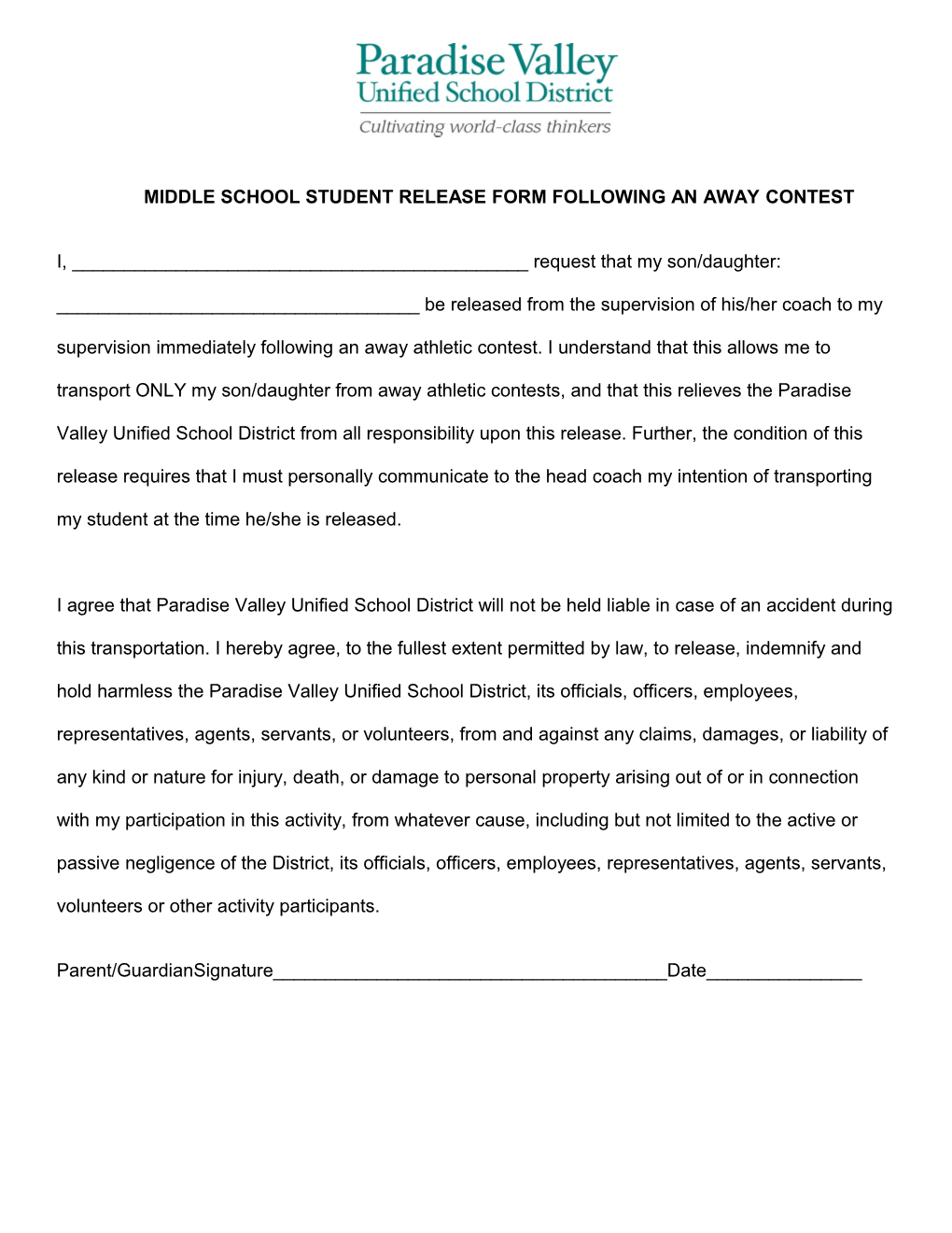 Middle School Student Release Form Following an Away Contest