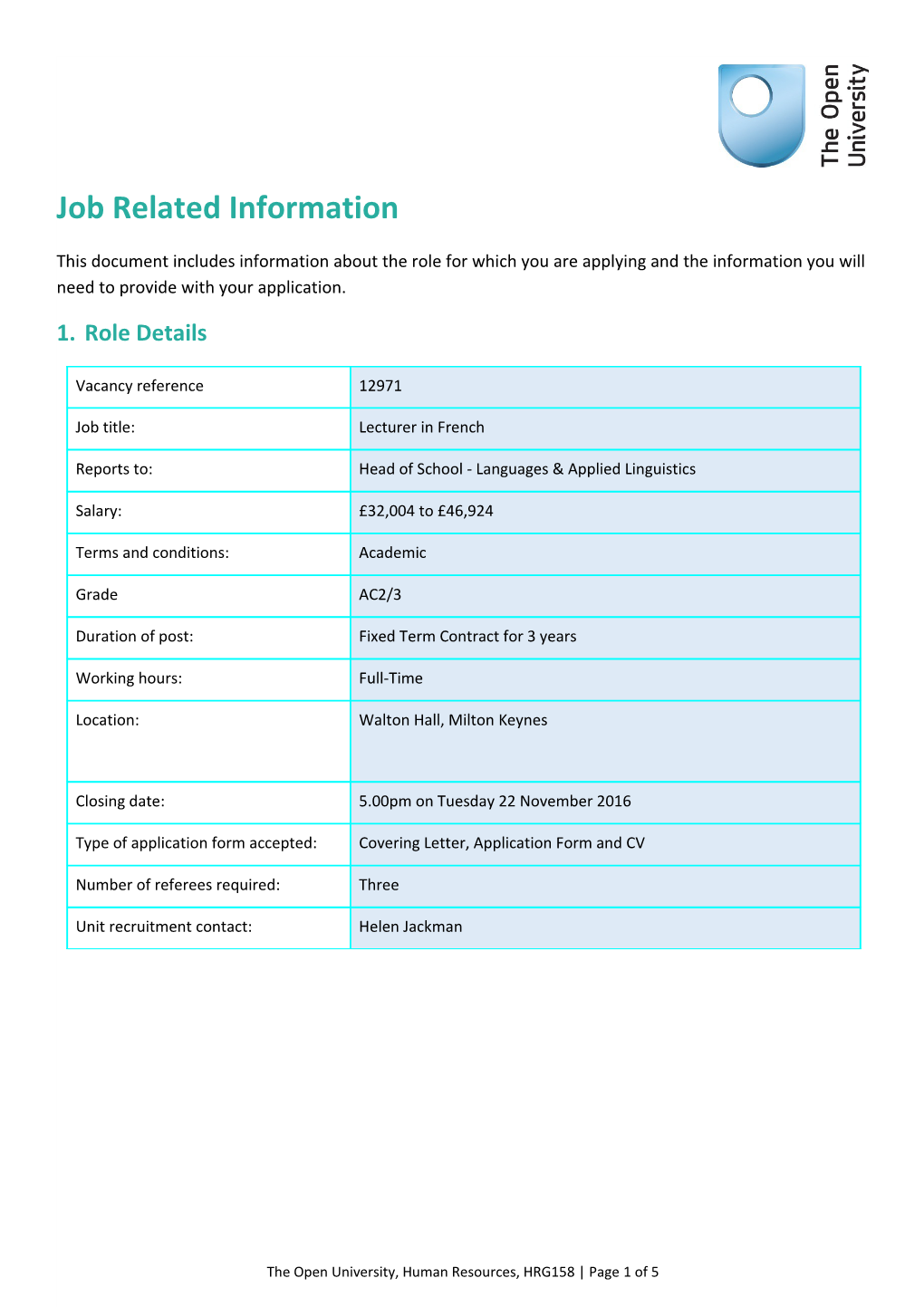 Job Related Information Template HRG158