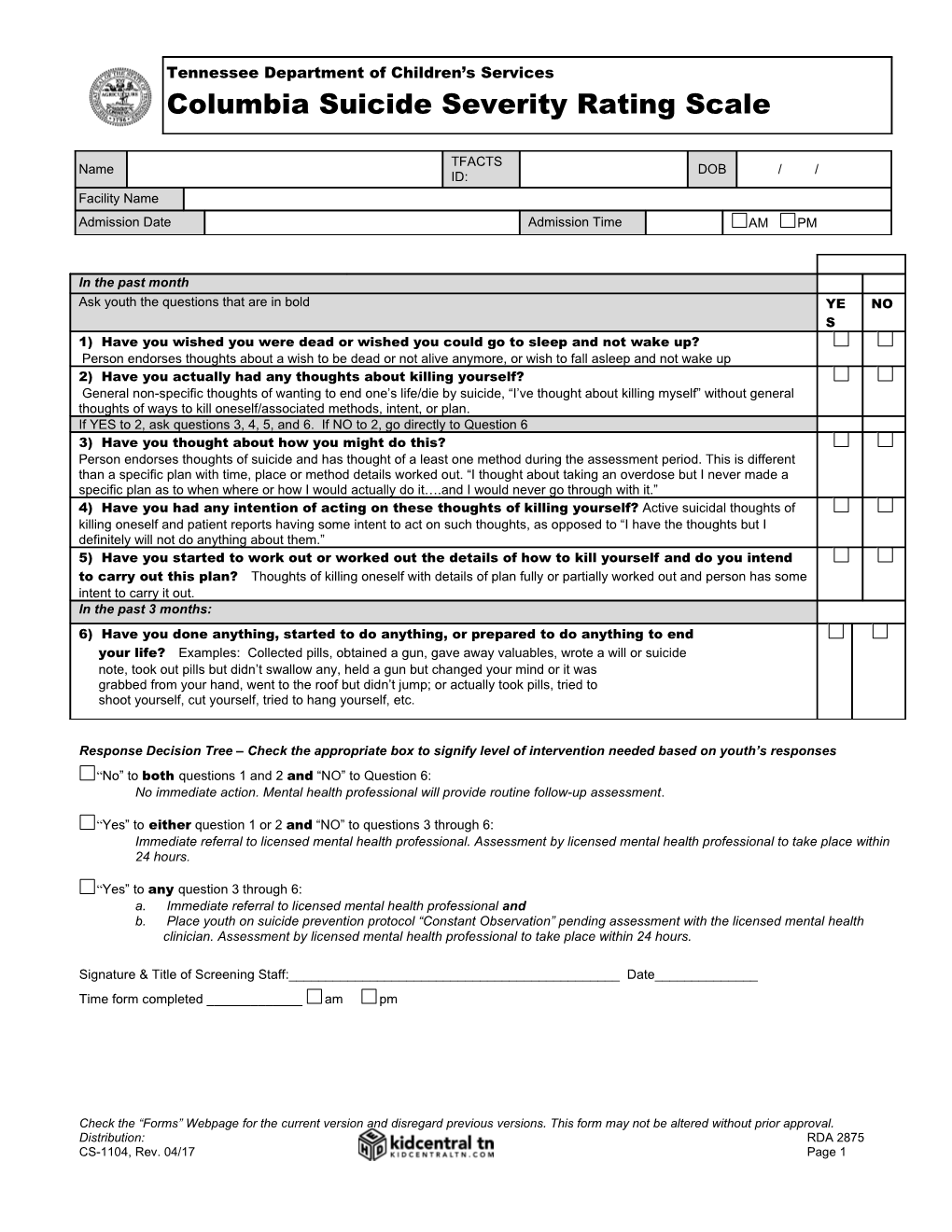 Tennessee Department of Children S Services Columbia Suicide Severity Rating Scale