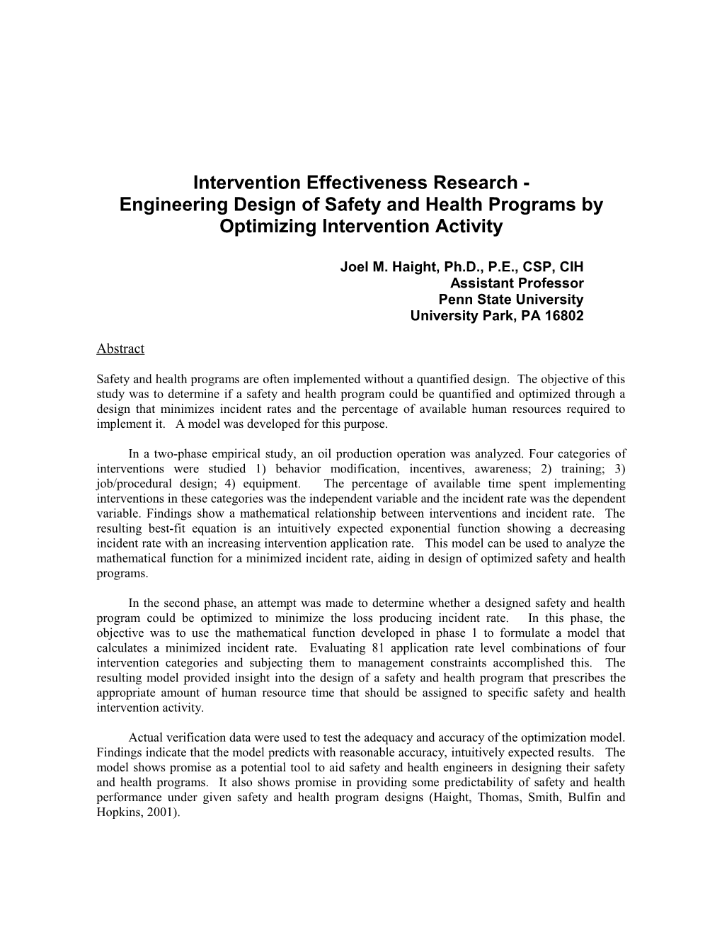 Engineering Design of Safety and Health Programs by Optimizing Intervention Activity