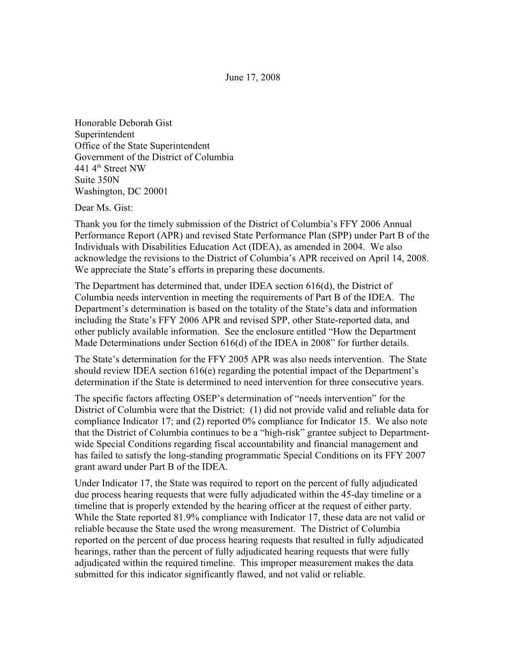 IDEA 2008 Part B District of Columbia Annual Performance Report OSEP Determination Response